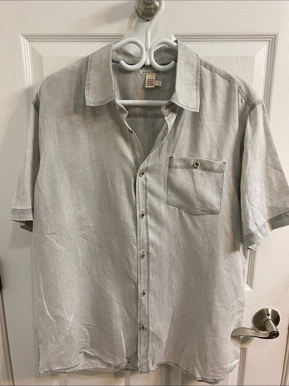 Carbon2Cobalt Linen Button Down Mens Large Grey Short Sleeve Dobby Shirt Summer
